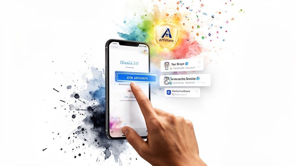 A hand taps a smartphone screen to 'Join Affiliate' program, surrounded by vibrant marketing visuals.