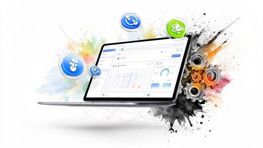 A laptop displaying data analytics with various app icons and gears on a vibrant watercolor splash.
