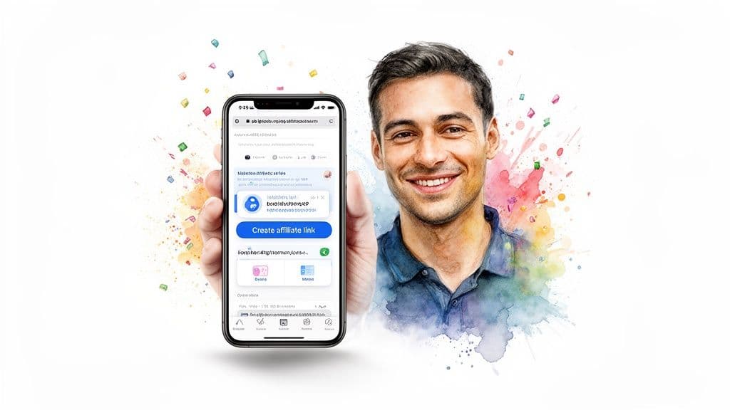 Smiling man holding a smartphone displaying a 'Create affiliate link' button, with colorful confetti.