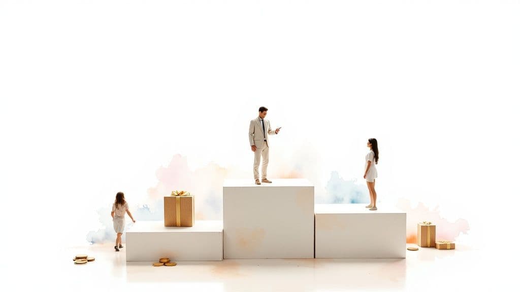 Three people standing on stepped platforms with gift boxes representing referral program reward tiers