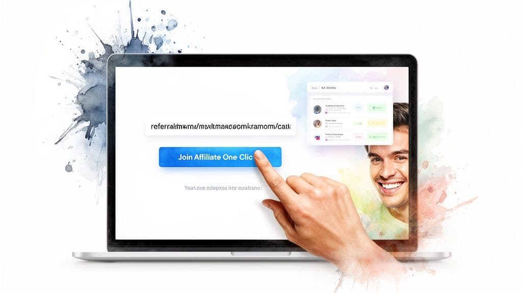 A hand clicks a "Join Affiliate One Click" button on a laptop screen
