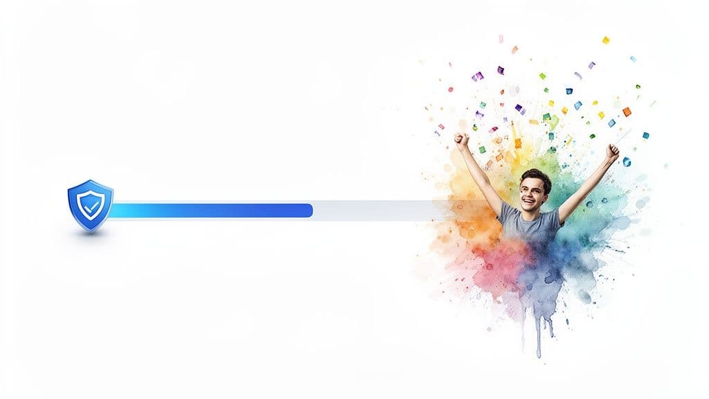 A blue shield with a checkmark and a progress bar leading to a celebrating man with confetti and colorful splash.