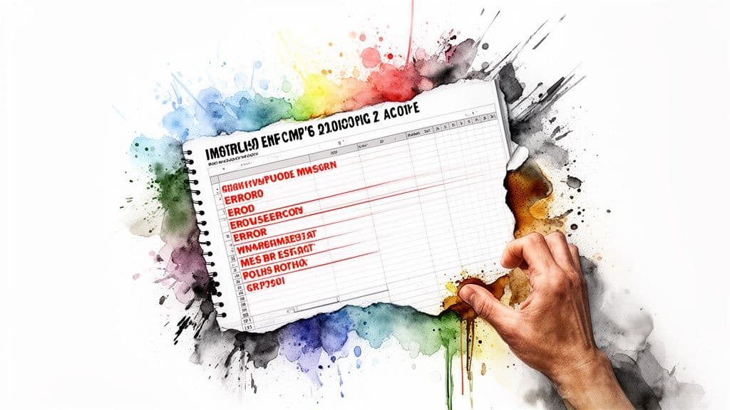 Hand holding a spreadsheet with red error messages, surrounded by vibrant watercolor splashes.
