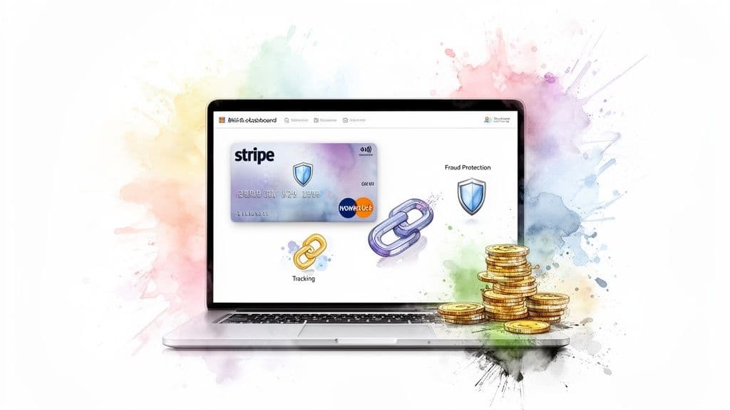 Laptop screen showing Stripe credit card, fraud protection shield, tracking icon, and gold coins.