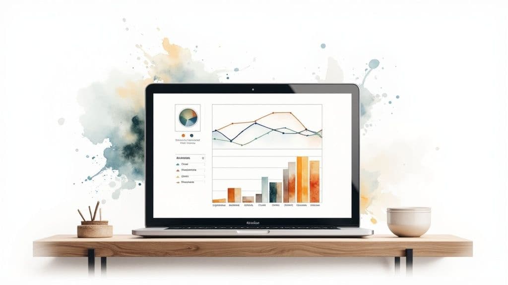 Laptop displaying colorful data visualization charts and graphs on wooden desk with decorative background