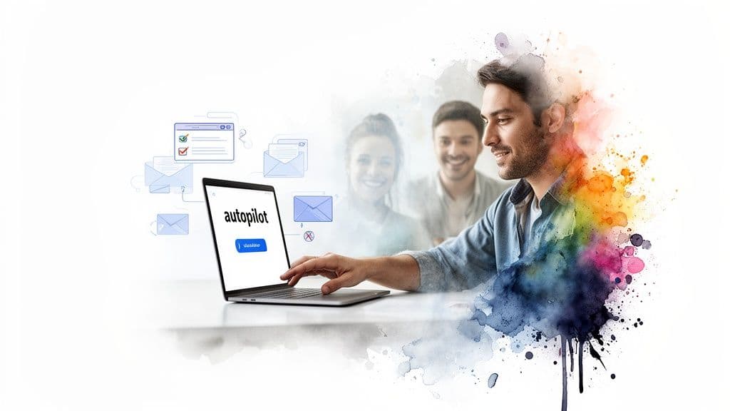 Man using laptop with 'autopilot' text, surrounded by email icons and smiling colleagues.