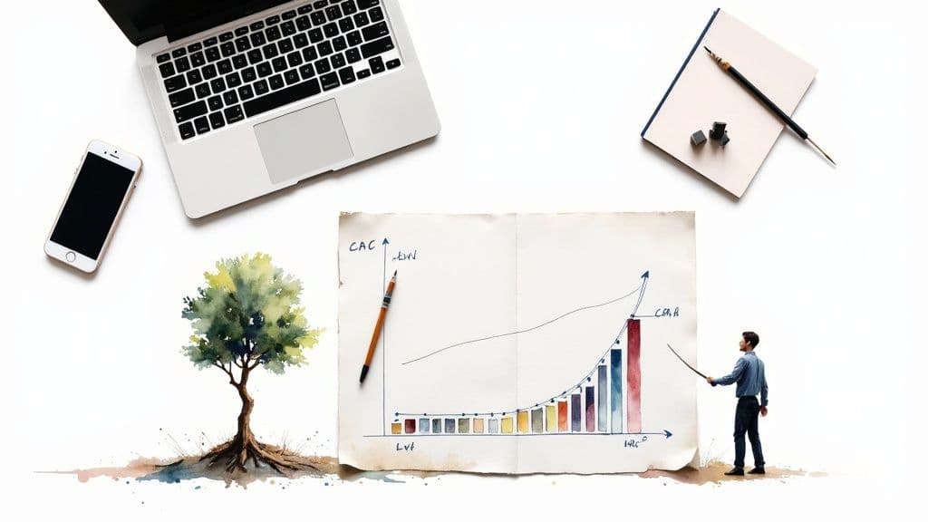 A creative business flat lay illustrating financial growth and strategy with a chart, tree, laptop, and smartphone.