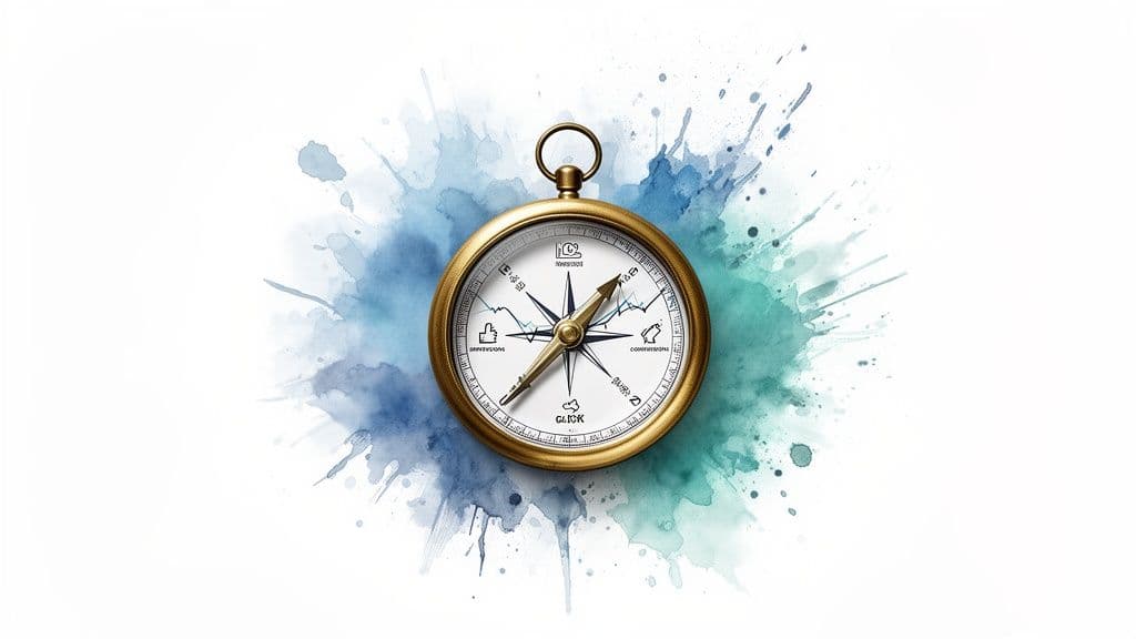 A gold compass with digital marketing terms like conversions, traffic, clicks, impressions on its face, against a blue and teal watercolor splash.