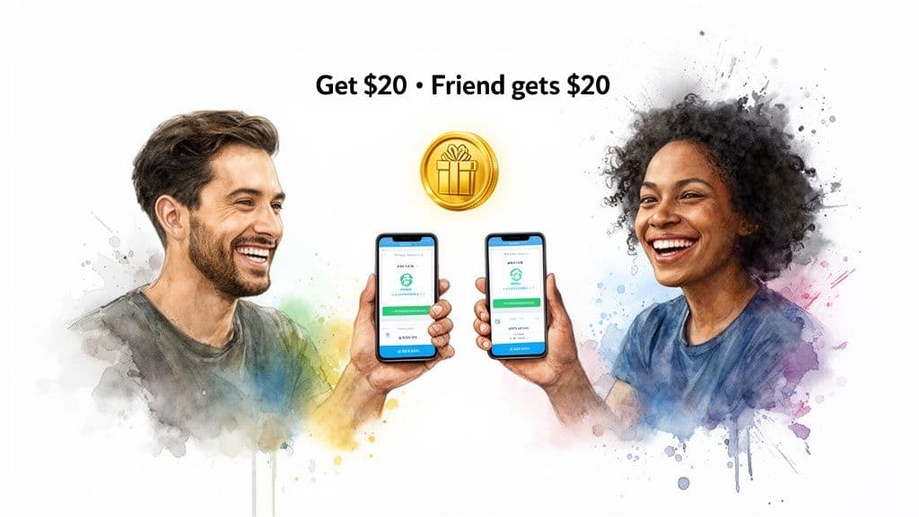 Two smiling individuals hold smartphones with a âGet $20 ⢠Friend gets $20â referral offer.
