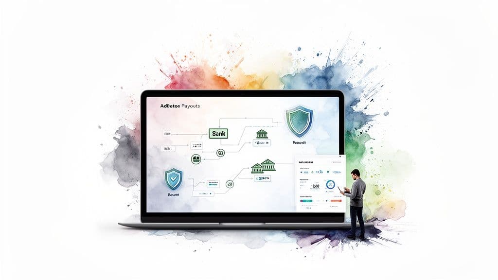 Financial data on a tablet and secure payouts system diagram