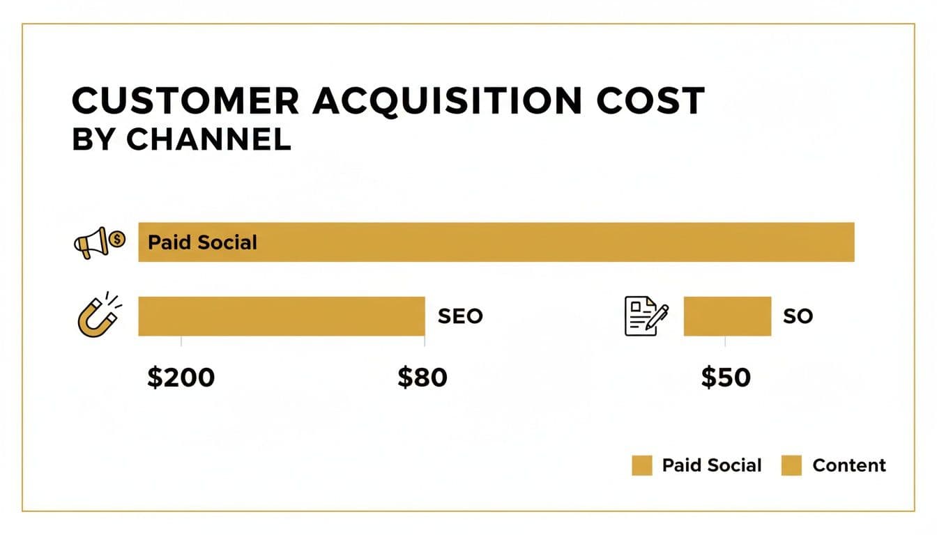 Bar chart comparing customer acquisition costs: Paid Social at $200, SEO at $80, and Content at $50.