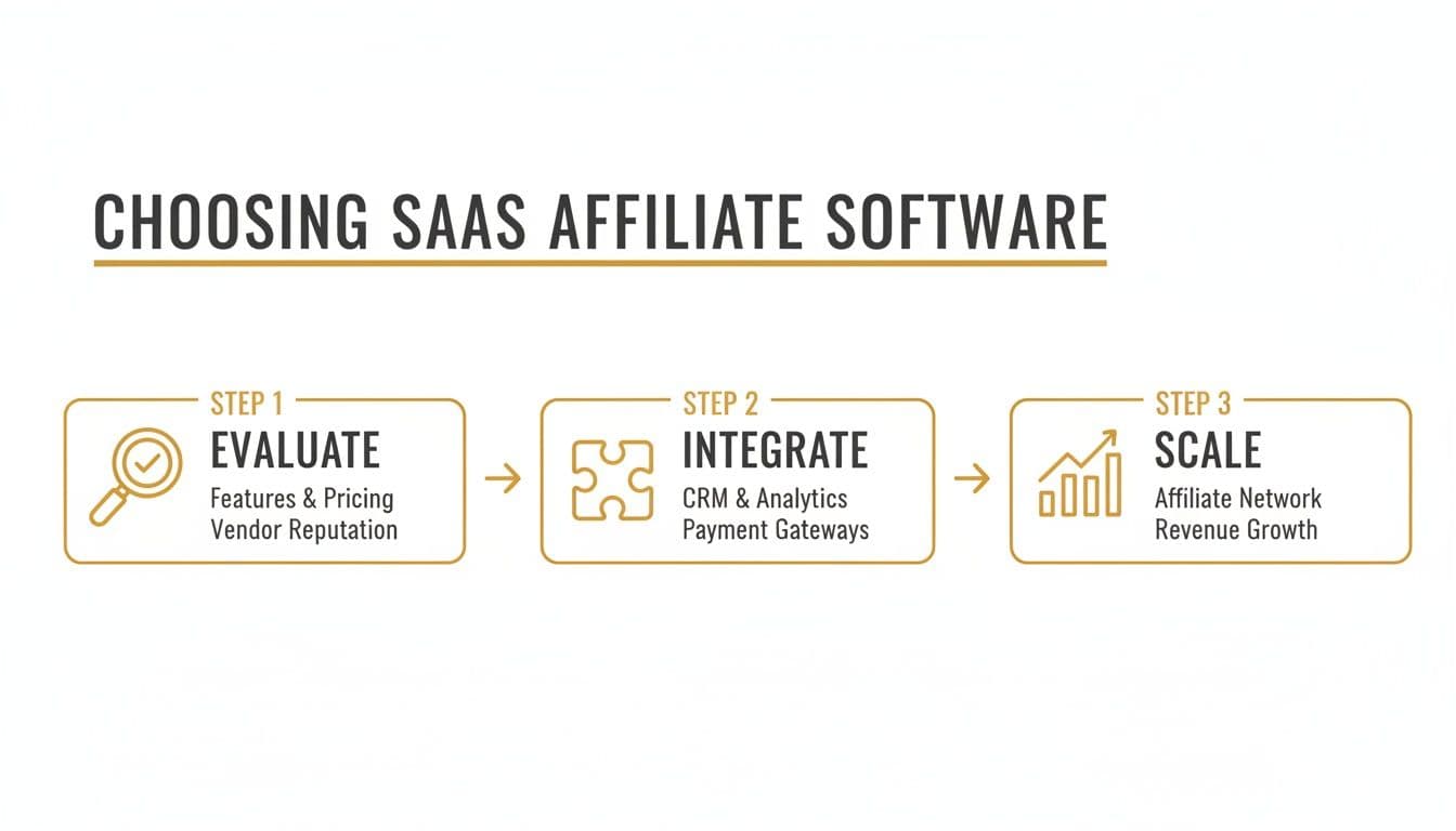 Diagram showing a 3-step process for choosing SaaS affiliate software: Evaluate, Integrate, Scale.