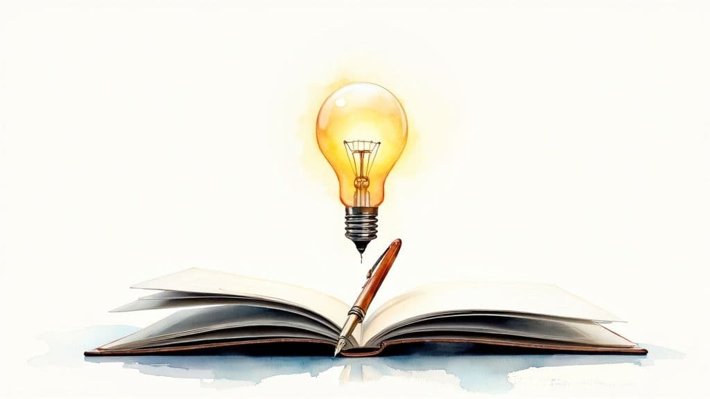 Illuminated light bulb hovering over open book with pen symbolizing creative ideas and knowledge