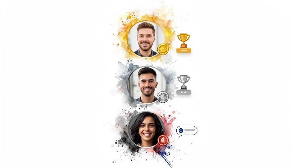 Three profile pictures with watercolor splash borders, showing gold, silver, and other referral program tiers with awards.