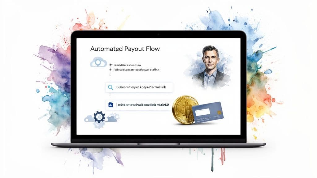 Laptop displaying an automated referral payout flow presentation with a professional, Bitcoin, and credit card.