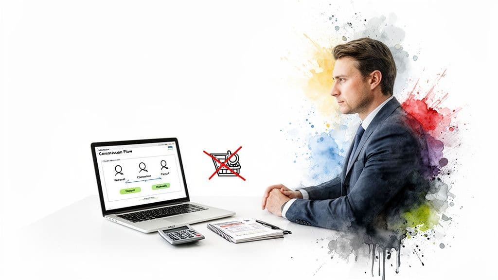 Professional uses a laptop showing commission payment software, enhancing efficiency.