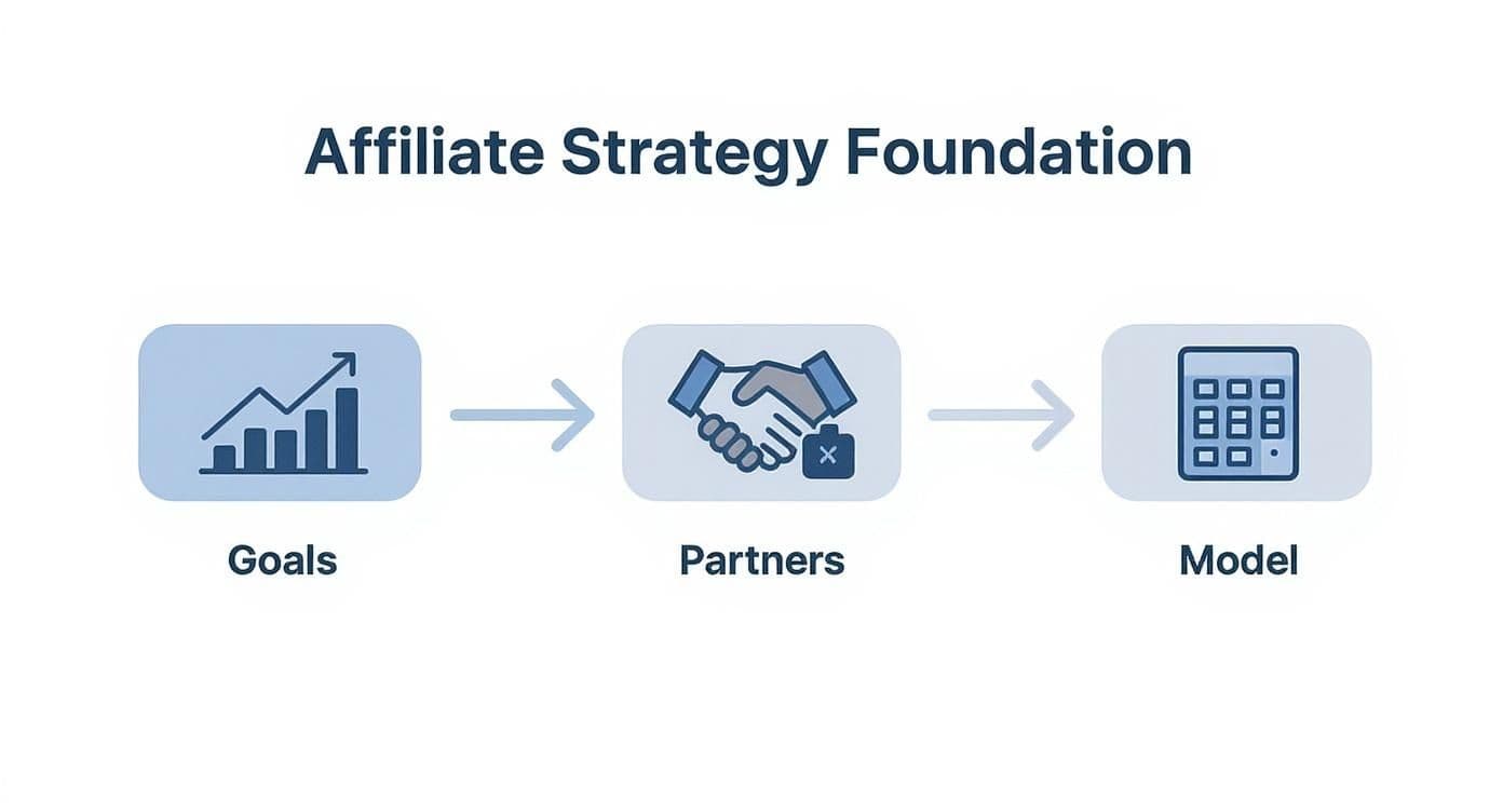 Affiliate Strategy Foundation diagram illustrating the progression from Goals to Partners to Model.