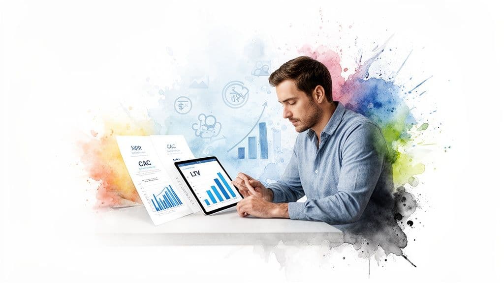Man analyzing business data and growth metrics on a tablet and documents with watercolor background.