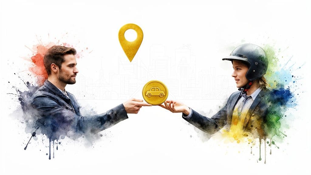 Two individuals exchanging a golden car coin, representing car-sharing or ride service, with a location pin and city outline.