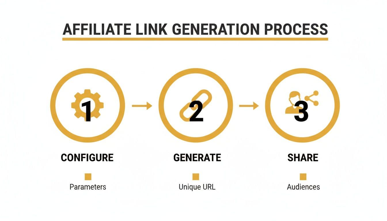 Diagram showing the affiliate link generation process: configure parameters, generate unique URL, and share with audiences.