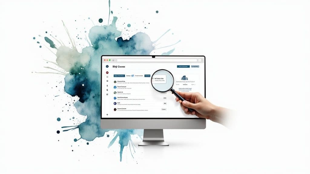 A hand holds a magnifying glass over a computer screen displaying a web interface for online search.