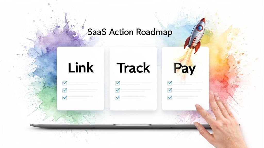 A SaaS action roadmap illustrating steps Link, Track, Pay on a laptop screen with colorful splashes and a rocket.