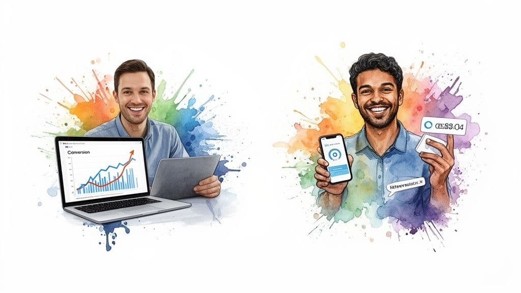 Two happy men analyzing conversion graphs on laptops and engaging with mobile apps.