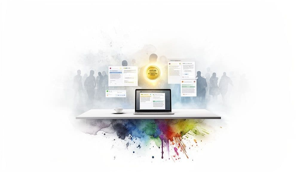 Laptop on a white desk with floating screens, silhouetted people, and a colorful watercolor splash.
