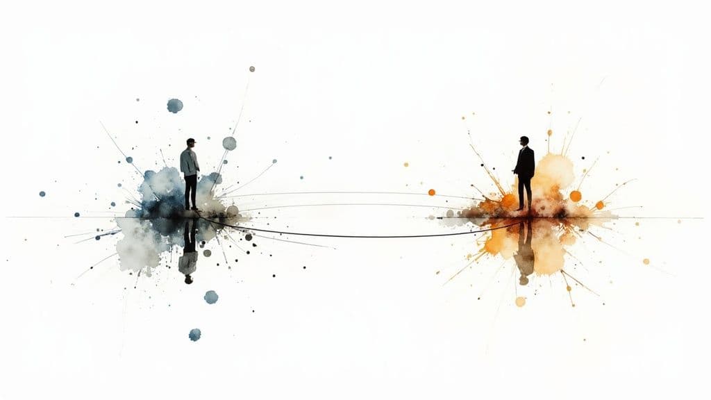 Two men's silhouettes on contrasting blue and orange watercolor splatters, connected by lines.
