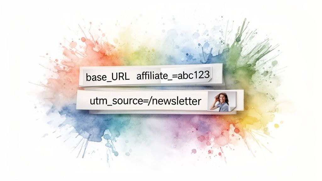 Two white strips displaying URL parameters for affiliate tracking and newsletter source, on a colorful watercolor splash.