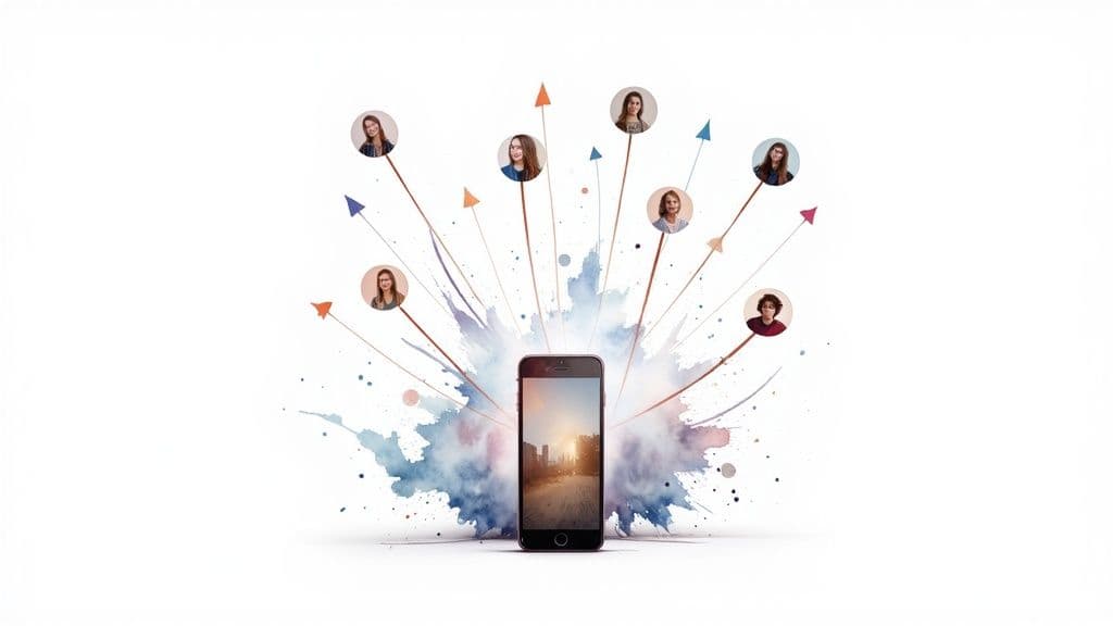 Smartphone with arrows connecting profile photos representing social network referral marketing concept