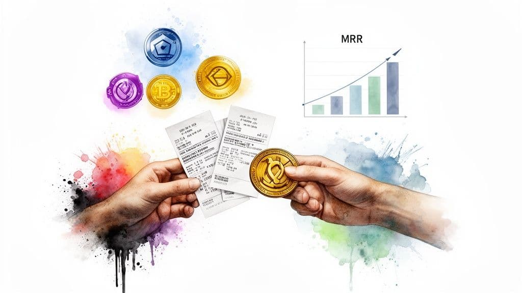 Hands exchange receipts and a gold crypto coin, with various tokens and an MRR growth chart.