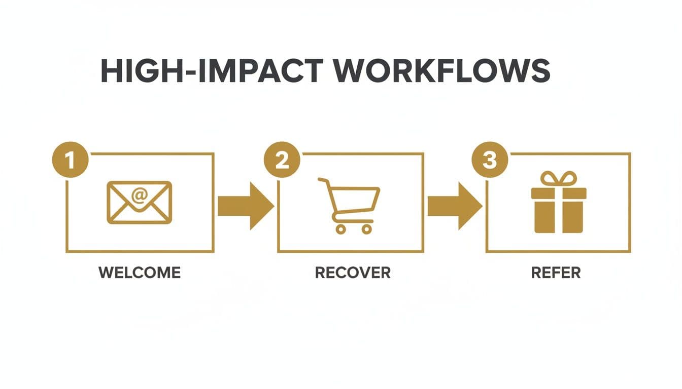 A three-step marketing automation workflow showing welcome email, abandoned cart recovery, and customer referral.