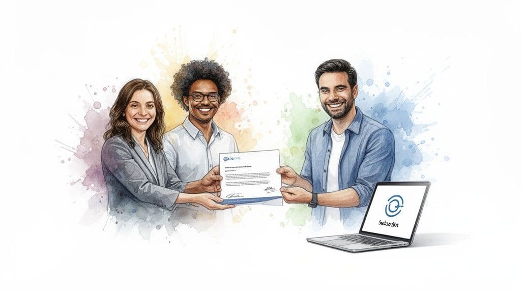 Smiling diverse professionals collaborating on a document, with a laptop displaying a logo.