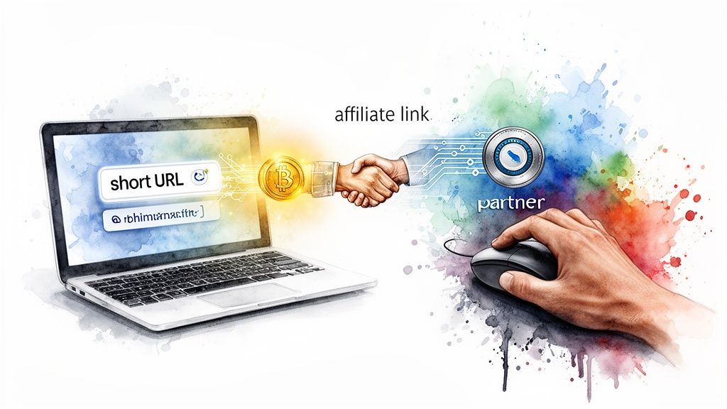Conceptual image illustrating affiliate marketing with a laptop, Bitcoin, handshake, and mouse.