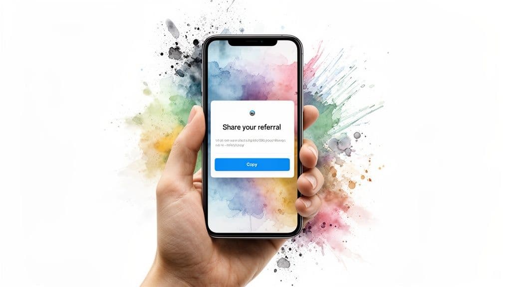 A mobile phone displaying a referral program screen with a âCopyâ button.