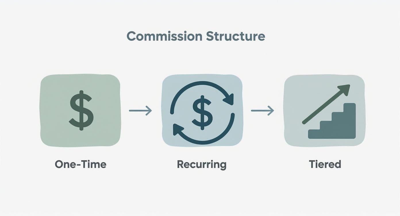 Three-step commission structure diagram showing one-time payment, recurring payment, and tiered growth icons with arrows