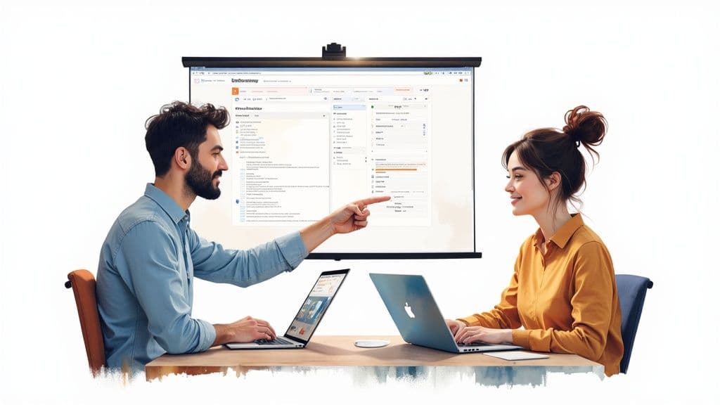 Two professionals collaborating at desk reviewing affiliate program dashboard on projection screen with laptops