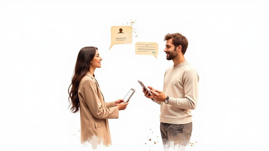 Two people exchanging data or communicating digitally with mobile devices and speech bubbles.