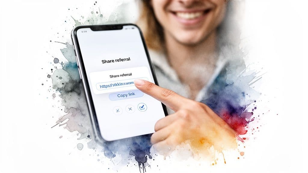 A hand holding a smartphone displaying a 'Share referral' screen, with a finger pointing at a referral link.
