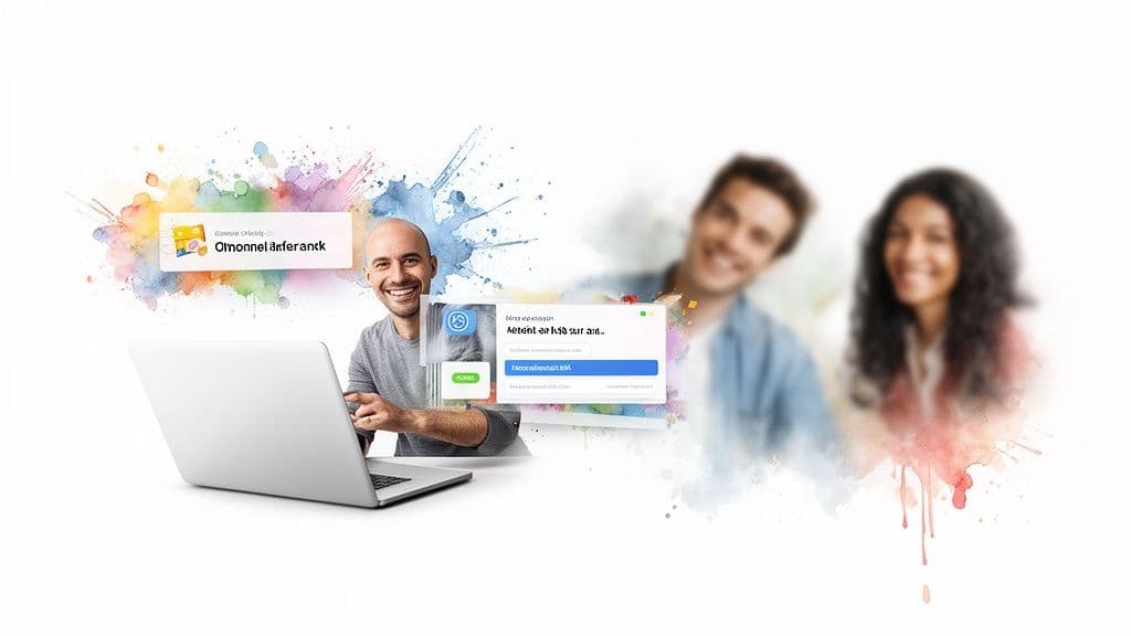 A smiling man using a laptop with digital interfaces, and blurred people in a vibrant watercolor background.