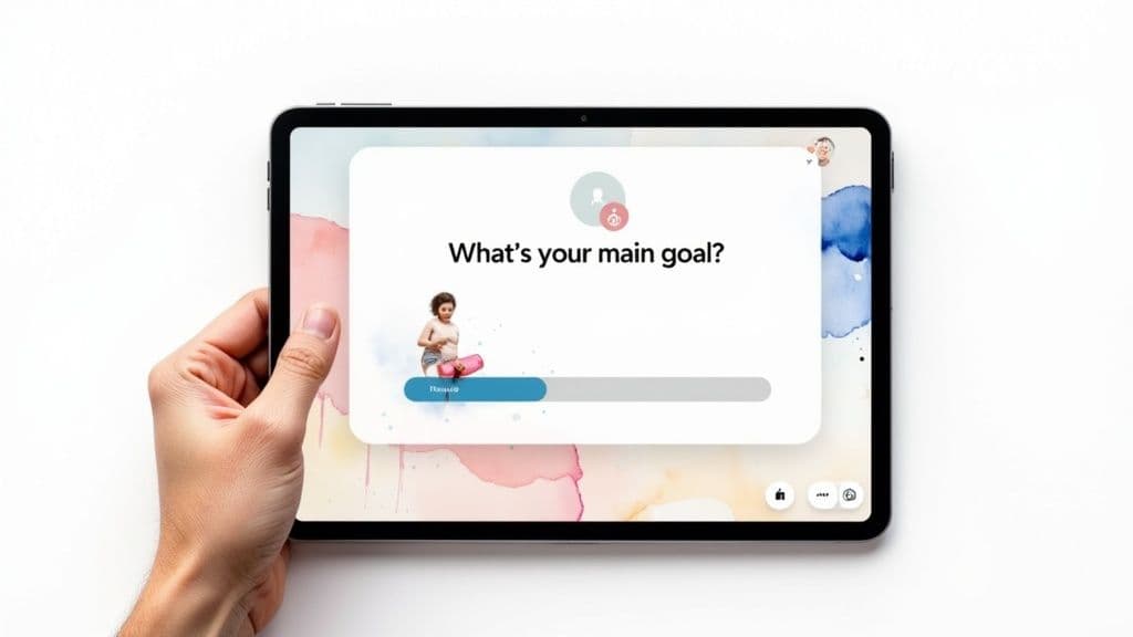 A hand holds a tablet displaying an app asking âWhatâs your main goal?â with a child and yoga mat.