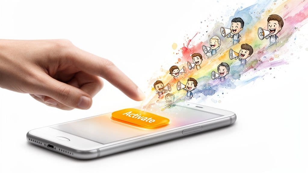 A hand taps an âActivateâ button on a smartphone, releasing cartoon people with megaphones and colorful splashes.