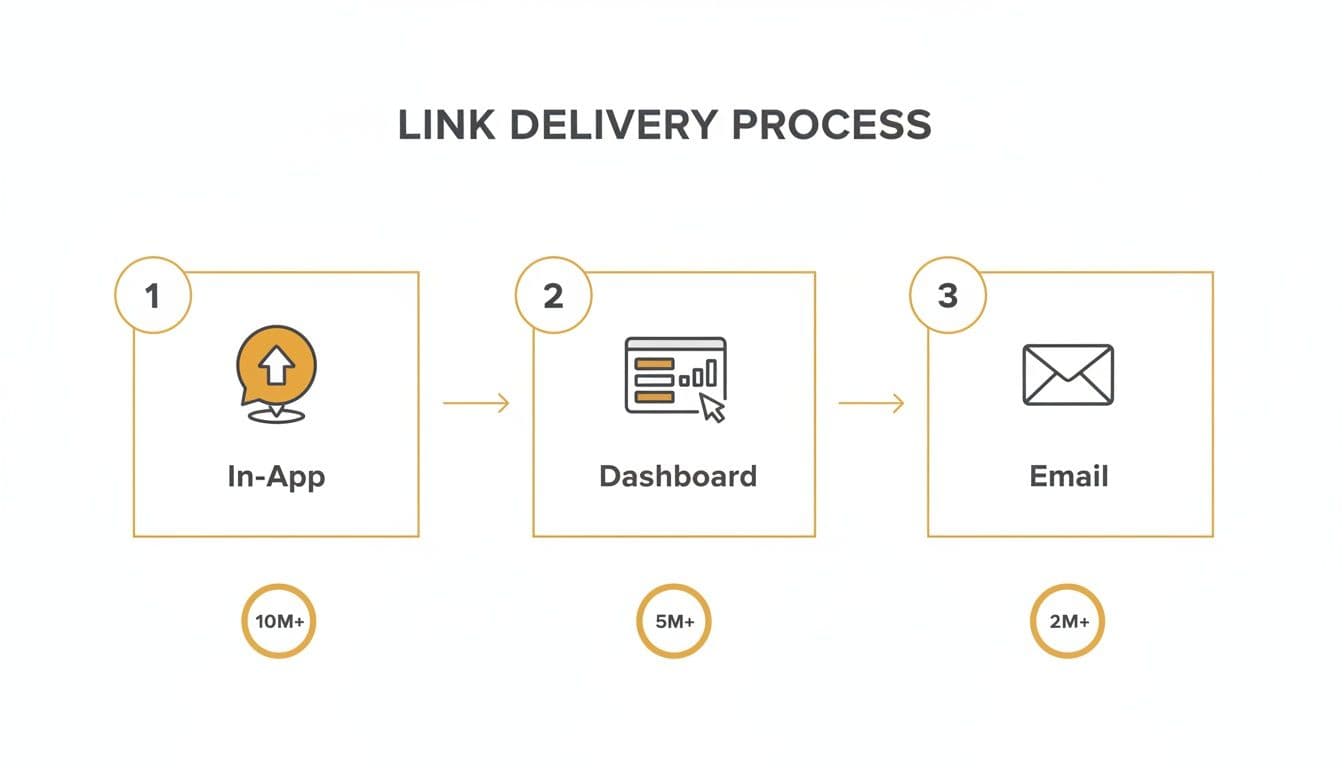 Flowchart showing a three-step link delivery process: In-App (10M+), Dashboard (5M+), and Email (2M+).