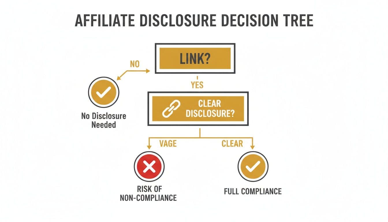 Decision tree flowchart illustrating steps for affiliate link disclosure and compliance.