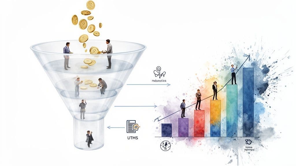 A marketing funnel converting money and effort into business growth, with people at different stages.