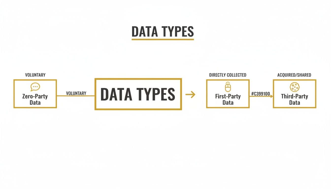 Data types flowchart illustrating ZeroâParty, FirstâParty, and ThirdâParty data and their collection methods.