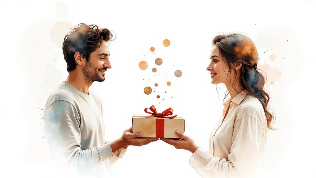 Smiling man and woman exchange a gift box with coins floating above, symbolizing a referral incentive.