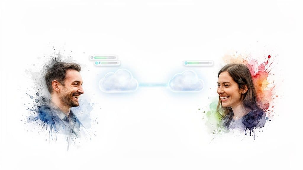 Smiling man and woman connected by cloud icons and progress bars, symbolizing digital connection.