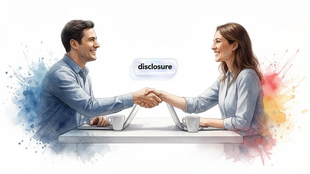 Two smiling professionals shaking hands over laptops with a 'disclosure' button, symbolizing agreement.